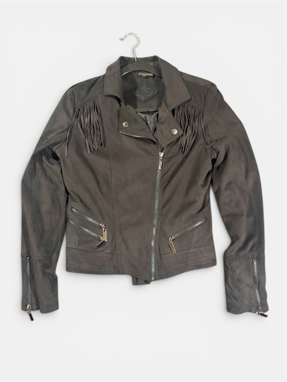 JouJou Black Faux Suede Fringe Moto Jacket Women’s Size M Zip Biker - Picture 2 of 6